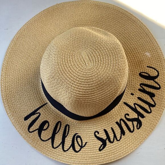 New C C Creation Floppy Paper Straw Hat Embroidered Hello Sunshine - Picture 6 of 6